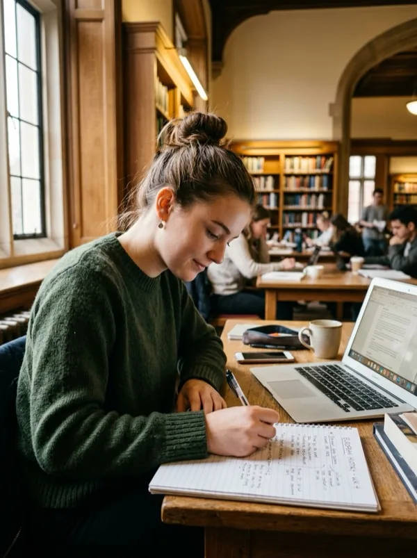 Estudiante concentrada escribiendo notas en su libreta